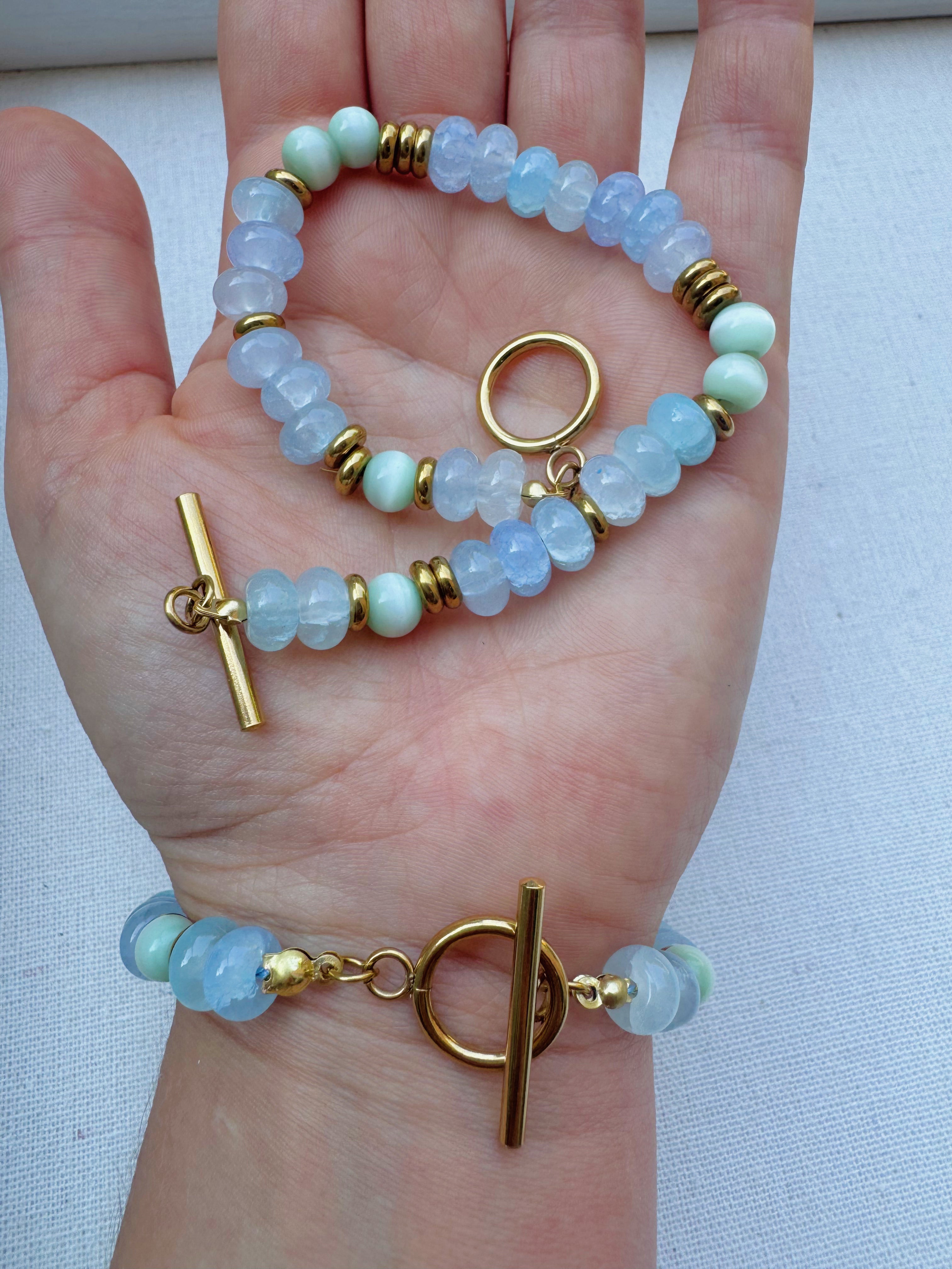 Green Cat's Eye & Aquamarine Toggle Bracelet